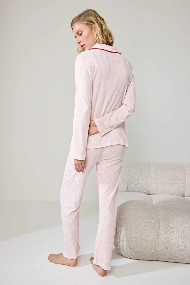 Pink 100% Cotton Piping Detail Cherry Embroidered Pointelle/Ribbed Knit Pajama Set