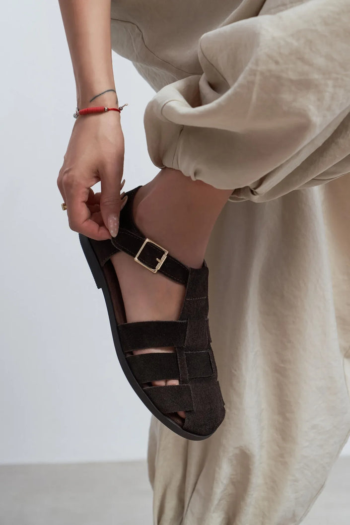 MARCEL Coffee Suede Genuine Leather Buckle Detail Women’s Flat Sandals