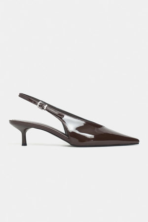 DOREY Coffee Patent Leather Ankle Buckle Detail Women’s Heel Shoes