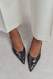 NEREID BROWN PATENT ACCESSORY DETAIL POINTED-TOE SLINGBACK HEEL