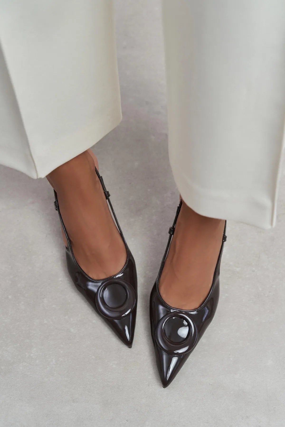 NEREID BROWN PATENT ACCESSORY DETAIL POINTED-TOE SLINGBACK HEEL