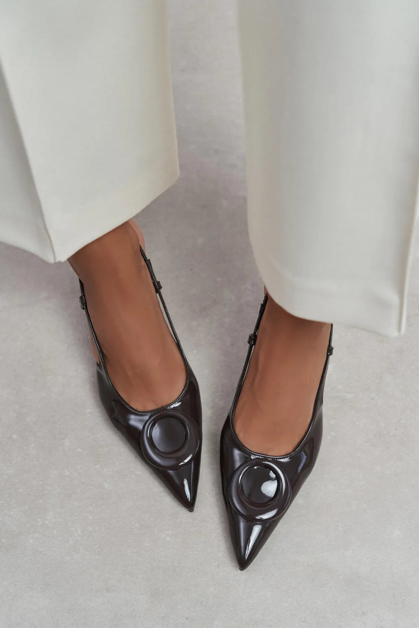 NEREID BROWN PATENT ACCESSORY DETAIL POINTED-TOE SLINGBACK HEEL