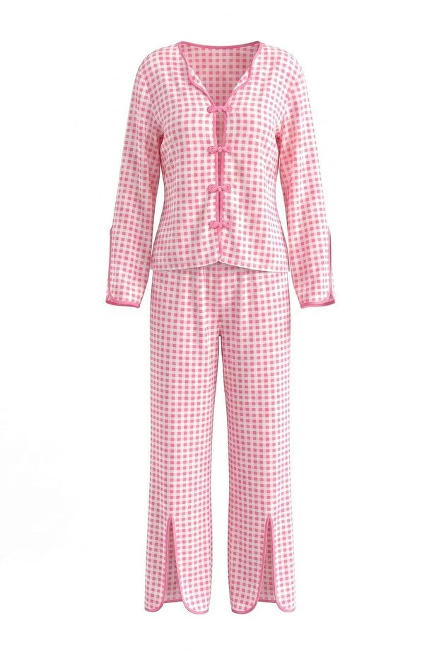 Pink Gingham Viscose Woven Pajama Set