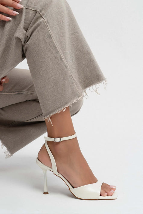 CREAM Pearl Matte Square Toe Ankle Strap Women’s High Heels