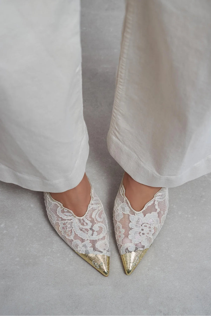 HANNAH Beige Lace Embroidered Detail Back Strap Women’s Heels