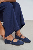 Jade Navy Blue Suede Genuine Leather Double-Buckle Flat Women's Ballet Flats