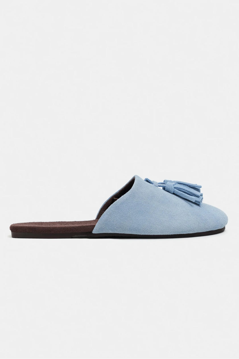 NELLA BABY BLUE GENUINE SUEDE LEATHER TASSEL DETAIL WOMEN’S FLAT SLIPPERS