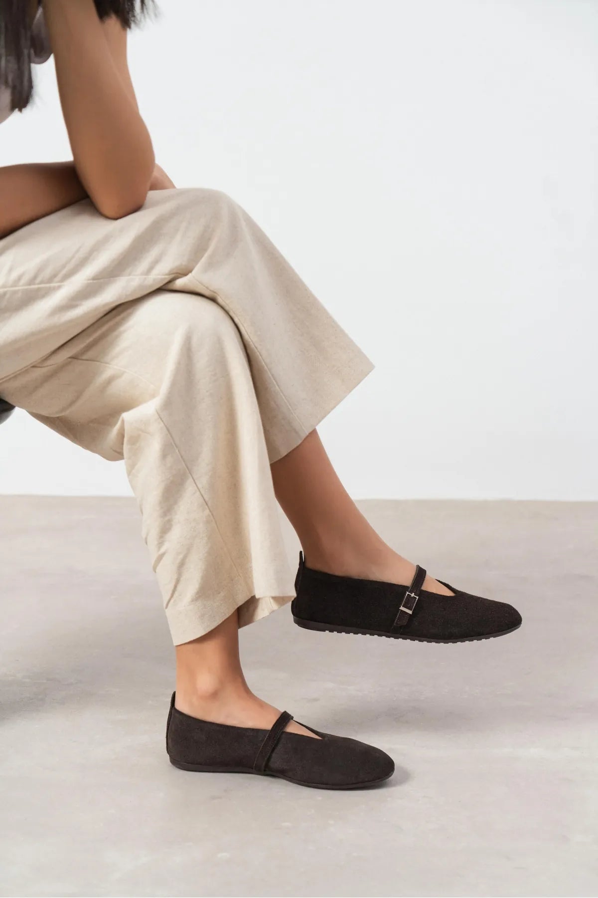 MERA Coffee Suede Buckle Detail Genuine Leather Flat Women’s Ballet Flats
