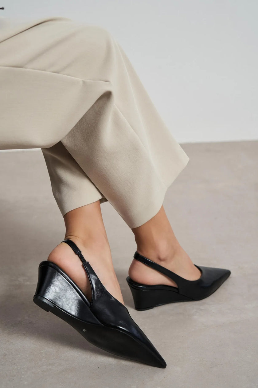 MELONI Black Matte Back Strap Detail Pointed Toe Women’s Heel Shoes