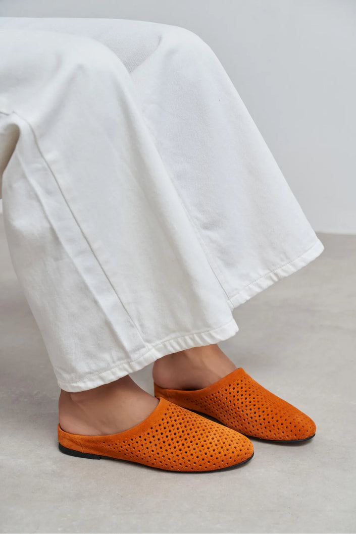 PALYA ORANGE SUEDE STUDDED GENUINE LEATHER WOMEN’S FLAT SLIPPERS
