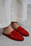 HARVEY Red Genuine Leather Suede Flat Women’s Loafer Slippers