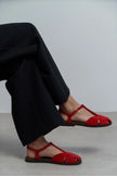 WOOD Red Suede Leather Embroidered Flat Sole Women’s Sandals