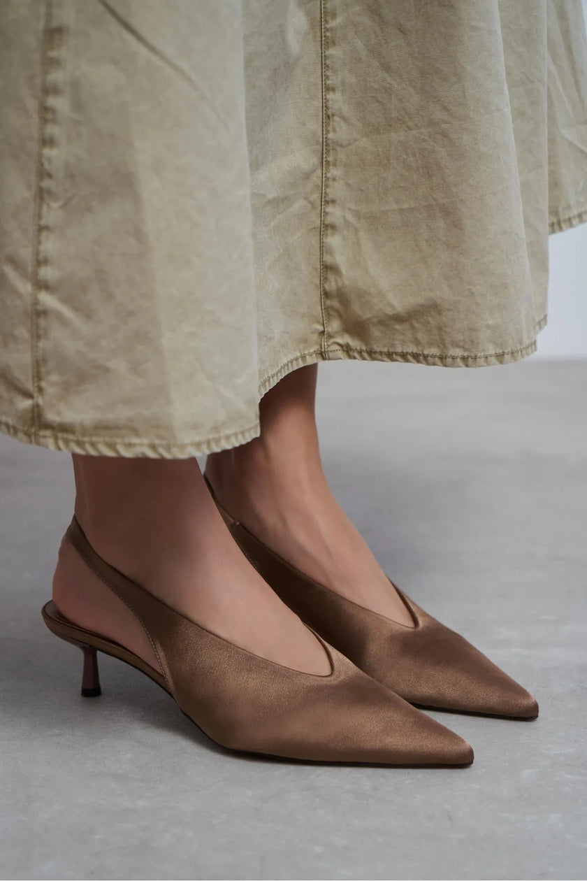 WILSON Brown Satin Neoprene Slingback Women’s Heels