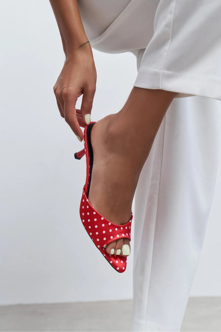 PROMISE Red Polka Dot Pointed-Toe Women's Mule Heels
