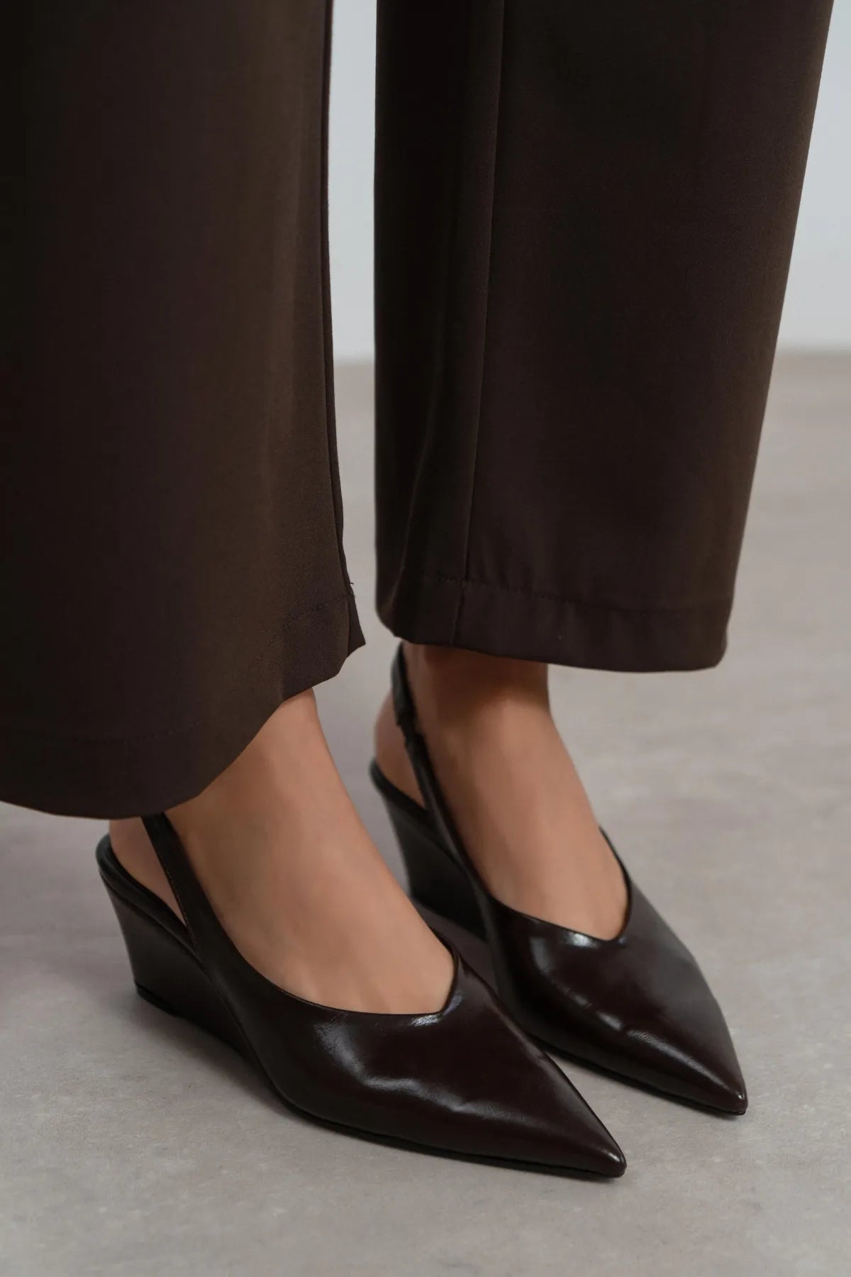 MELONI Coffee Matte Back Strap Detail Pointed Toe Women’s Heel Shoes