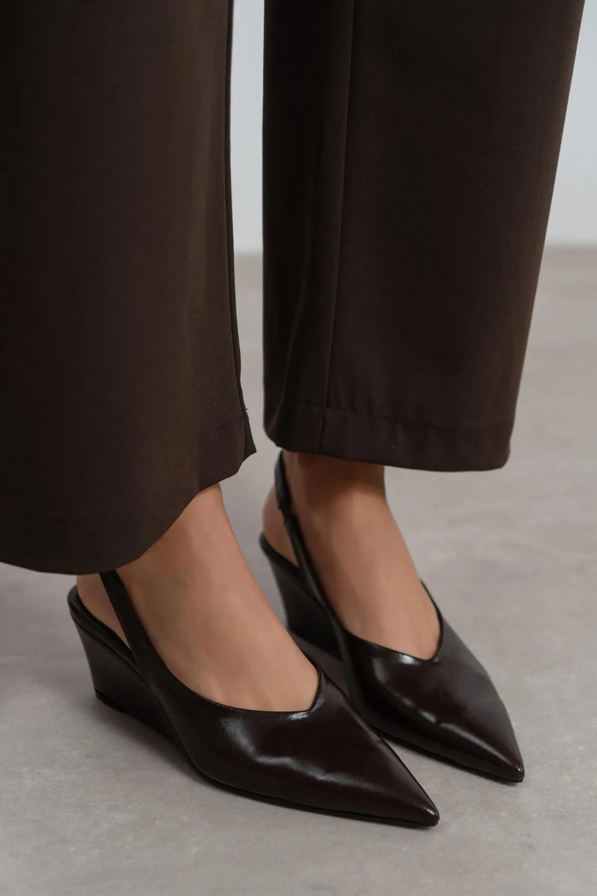 MELONI Coffee Matte Back Strap Detail Pointed Toe Women’s Heel Shoes