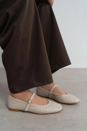 JEREMI Beige Matte Pattern Buckle Detail Women’s Ballet Flats
