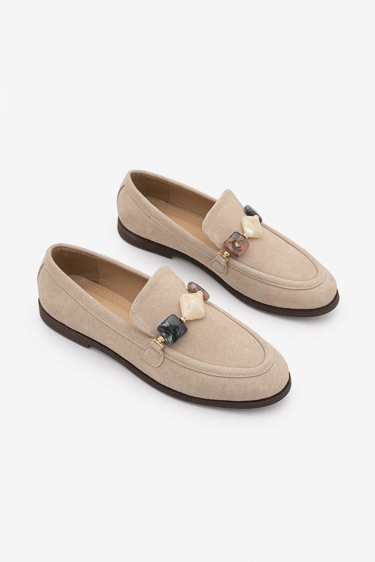 MENIVA Beige Suede Stone Detail Women’s Loafers