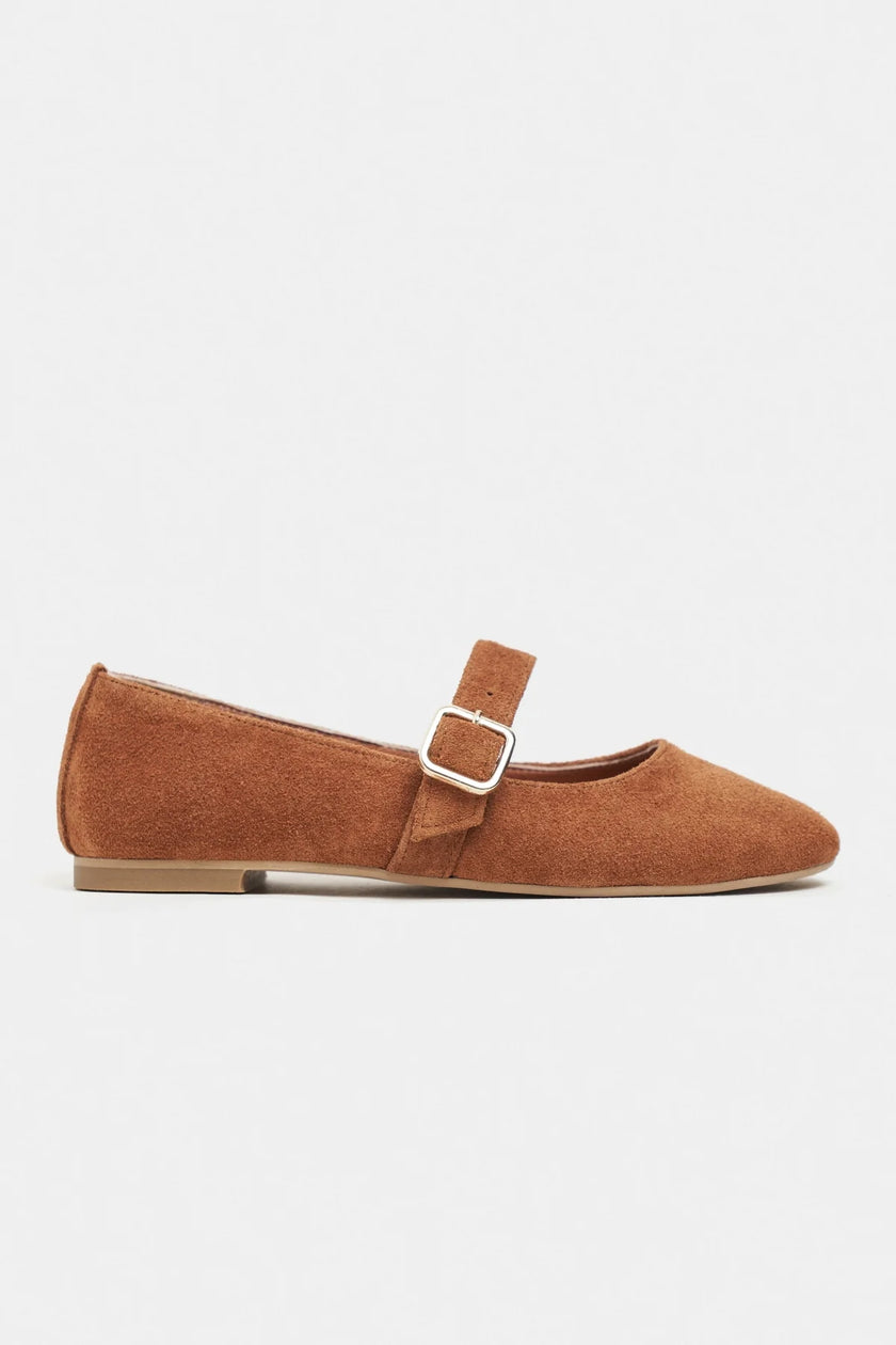 BERLIN Tan Suede Genuine Leather Buckle Strap Women’s Ballerina Flats