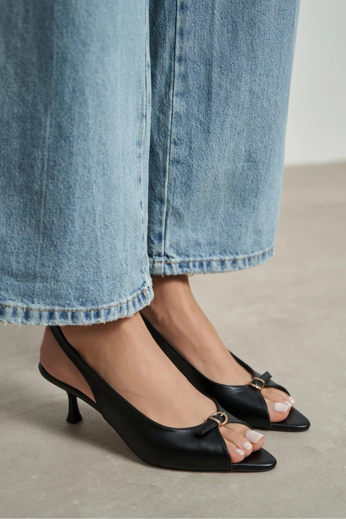 RONE Black Matte Pointed Toe Open Front Buckle Women’s Shoes