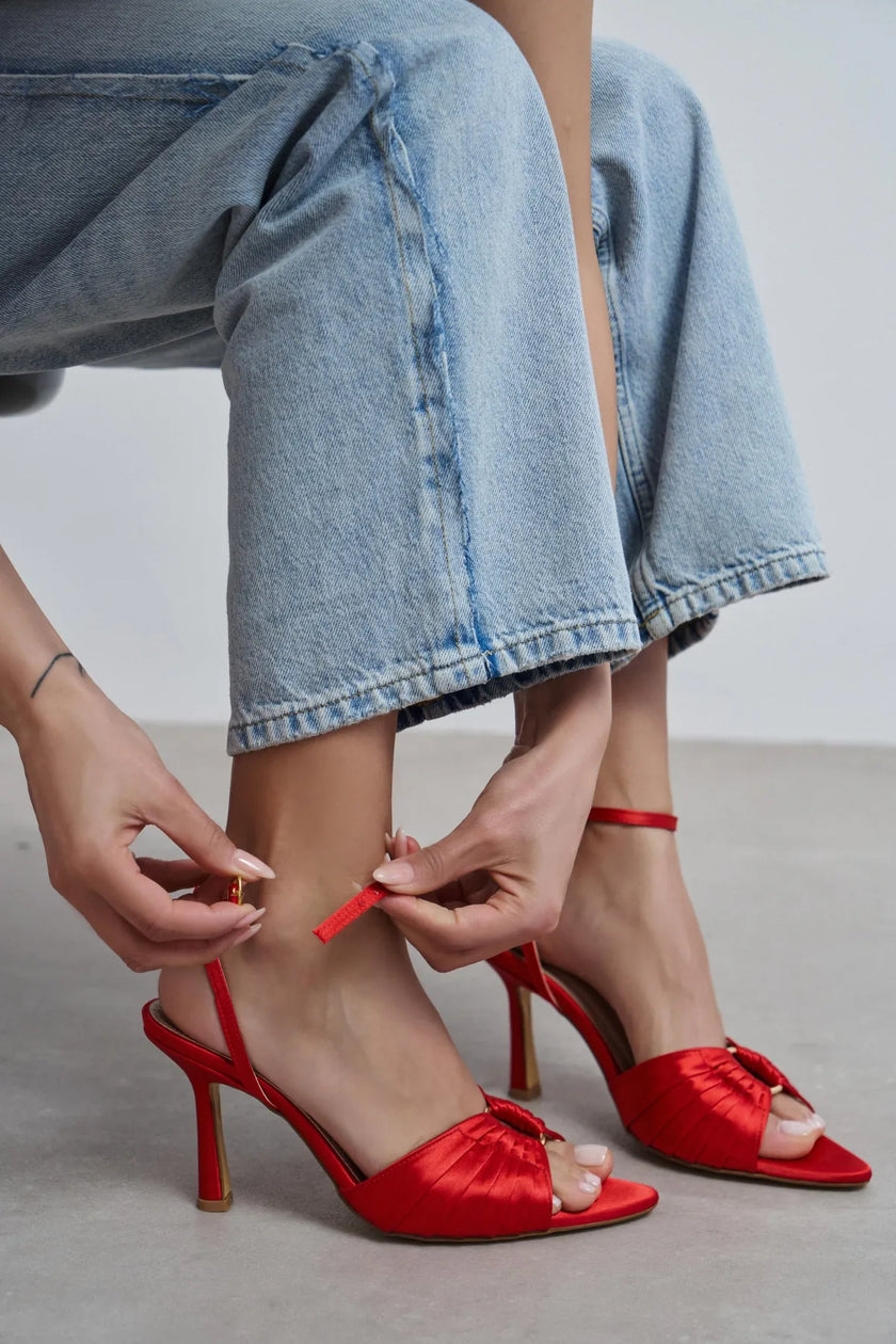 RAVEN Red Satin Ankle Strap Women’s Thin Heel Shoes