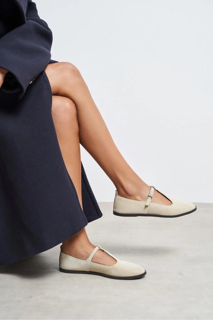 Mabel Beige Genuine Suede Leather Buckle Detail Flat Women's Ballet Flats