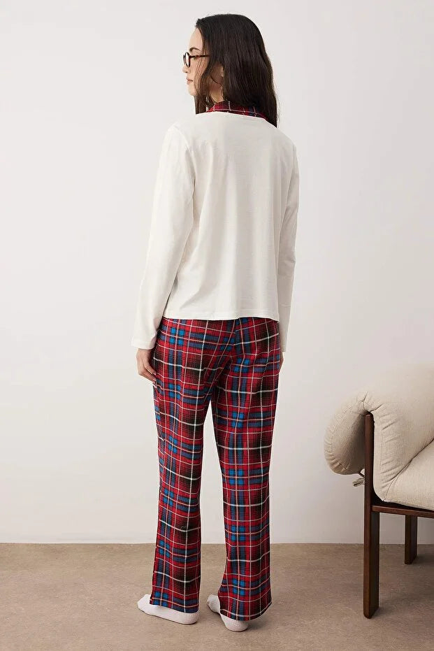 Plaid/Checked Cat Print Knitted Pajama Set