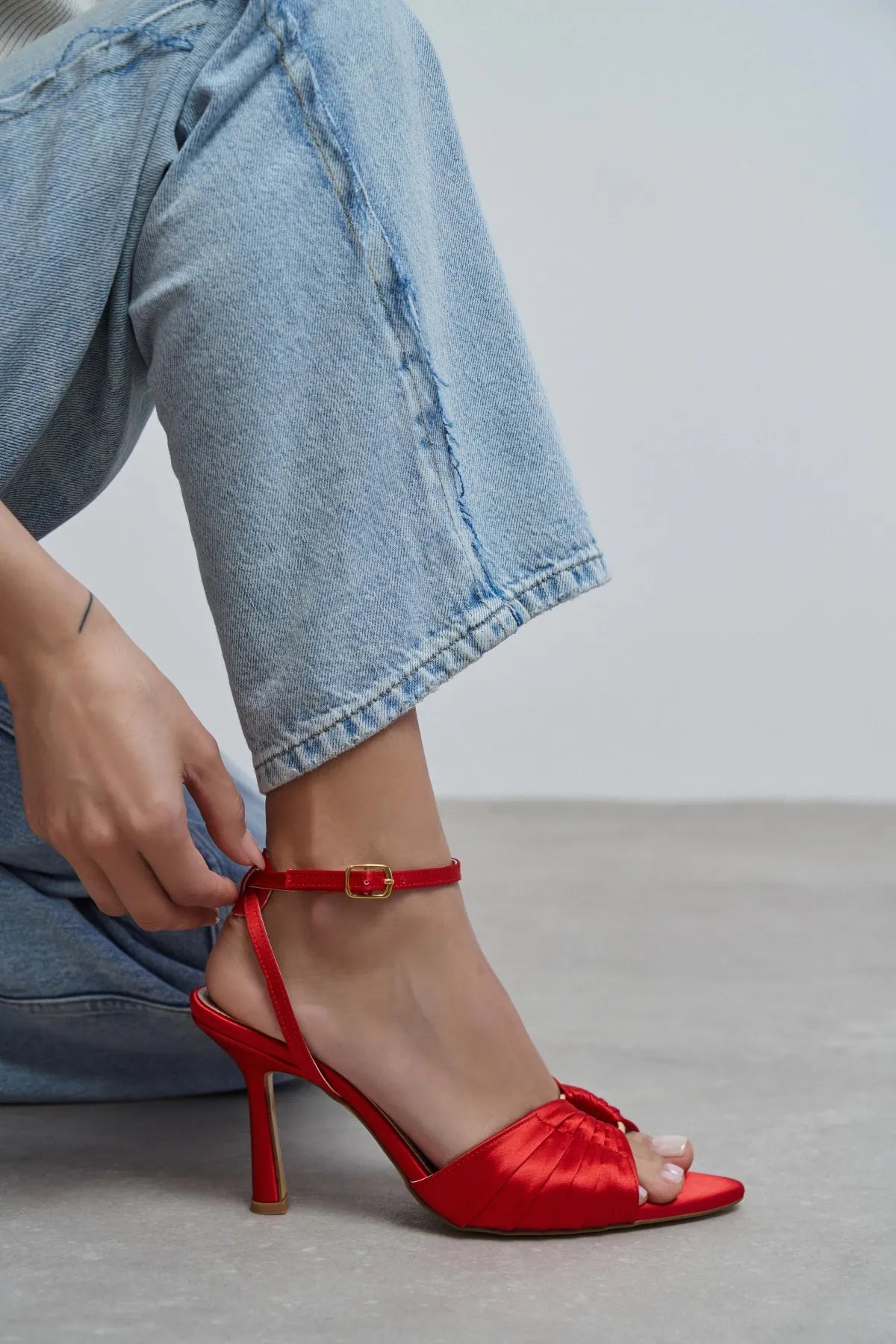 RAVEN Red Satin Ankle Strap Women’s Thin Heel Shoes