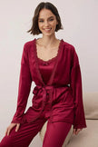Burgundy 3-Piece Dowry Set - Lace Detailed Velvet Knitted Robe and Pajama Set