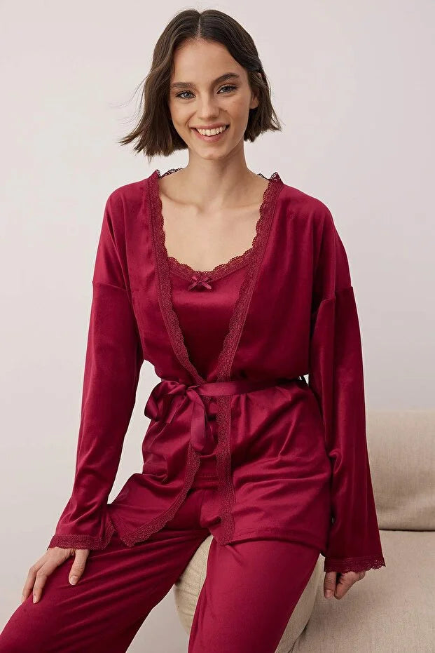 Burgundy 3-Piece Dowry Set - Lace Detailed Velvet Knitted Robe and Pajama Set