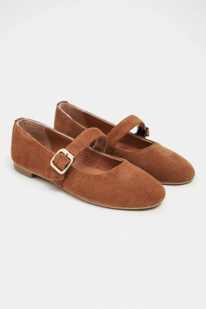 BERLIN Tan Suede Genuine Leather Buckle Strap Women’s Ballerina Flats