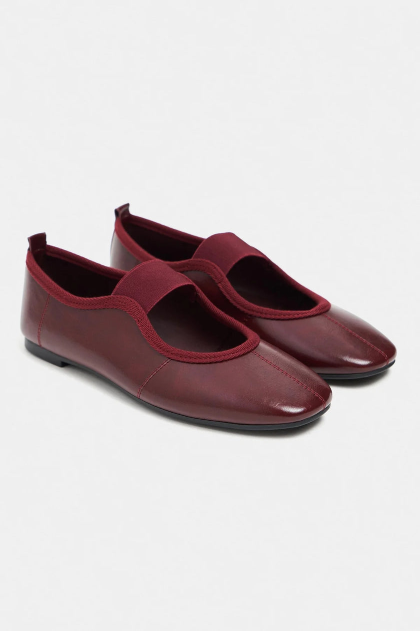 MORTY Burgundy Rustic Patterned Women’s Daily Ballet Flats with Strap Detail