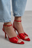 RAVEN Red Satin Ankle Strap Women’s Thin Heel Shoes