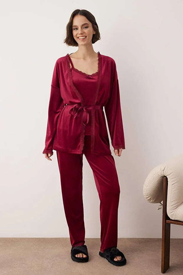 Burgundy 3-Piece Dowry Set - Lace Detailed Velvet Knitted Robe and Pajama Set