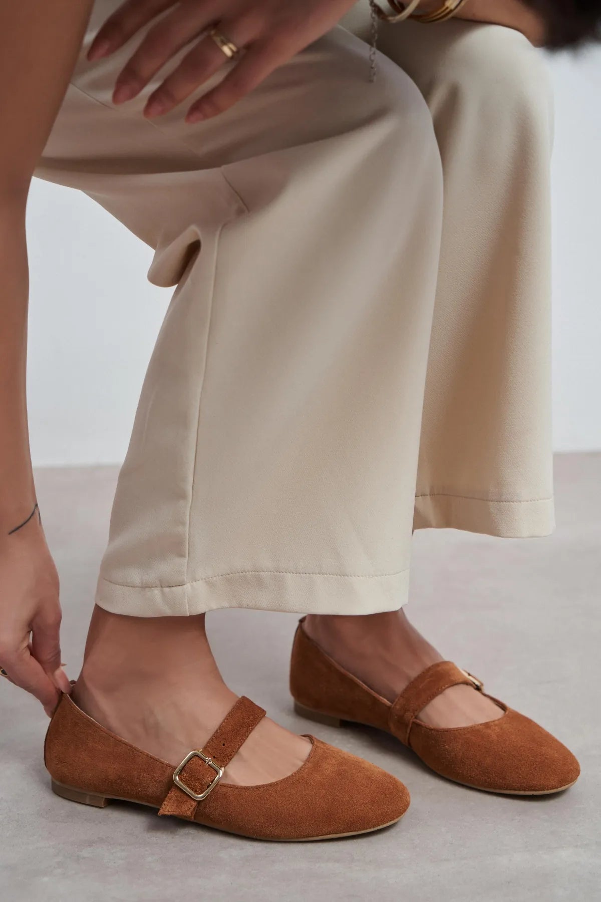 BERLIN Tan Suede Genuine Leather Buckle Strap Women’s Ballerina Flats
