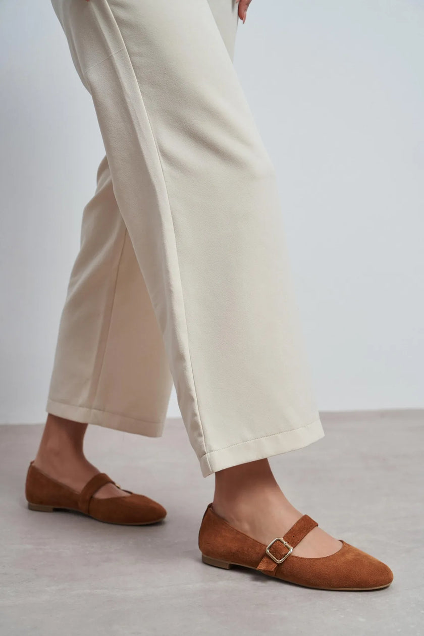 BERLIN Tan Suede Genuine Leather Buckle Strap Women’s Ballerina Flats