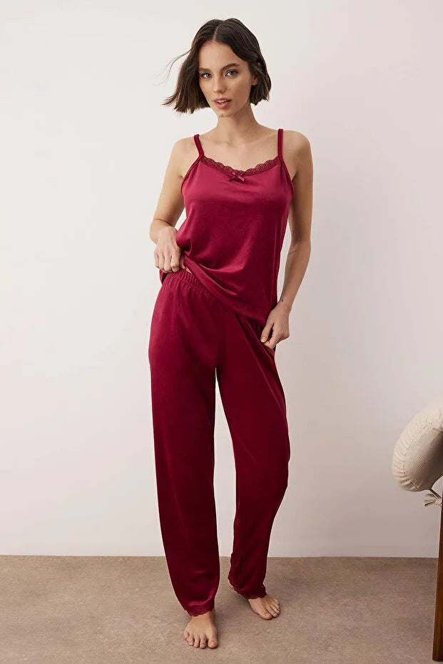 Burgundy 3-Piece Dowry Set - Lace Detailed Velvet Knitted Robe and Pajama Set