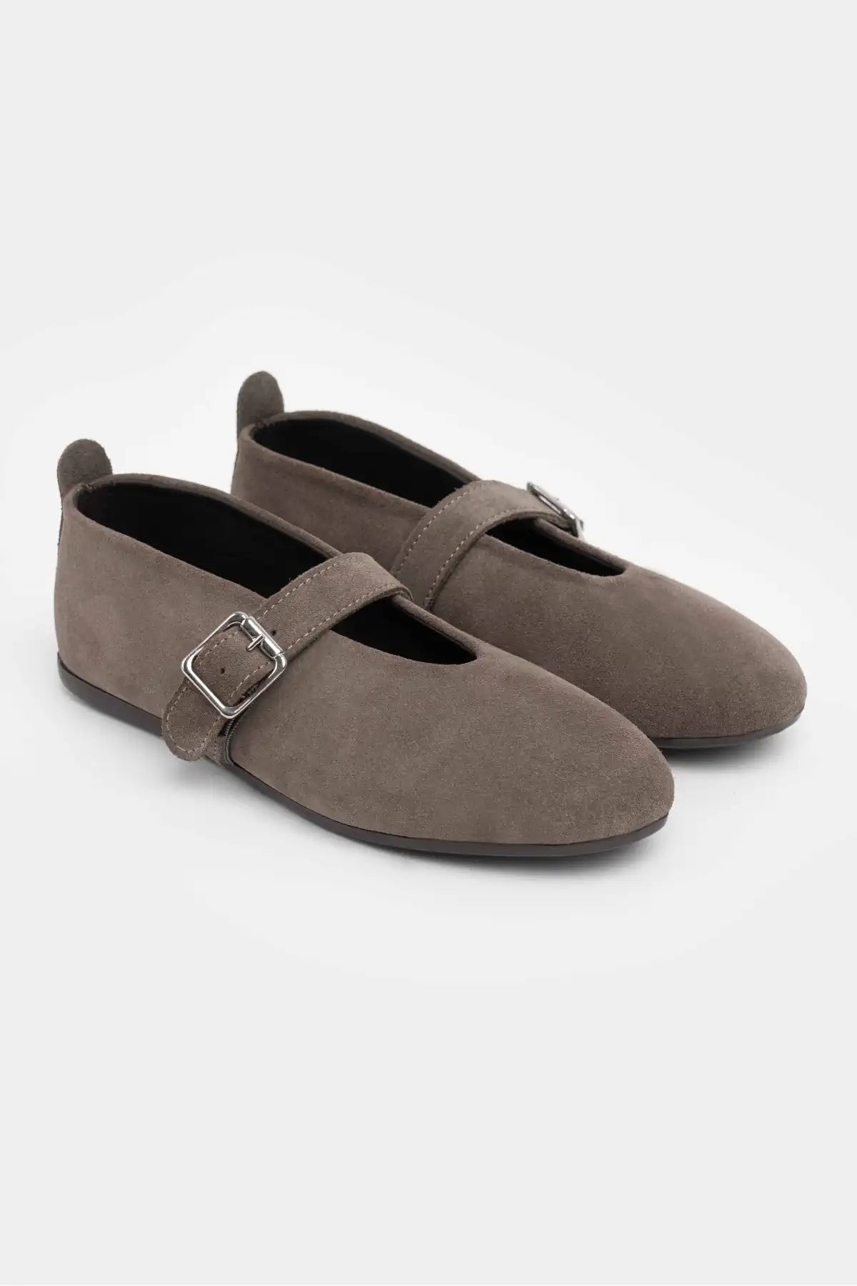 MERA DARK BEIGE BUCKLE DETAIL FLAT SOLE WOMEN'S BALLERINA