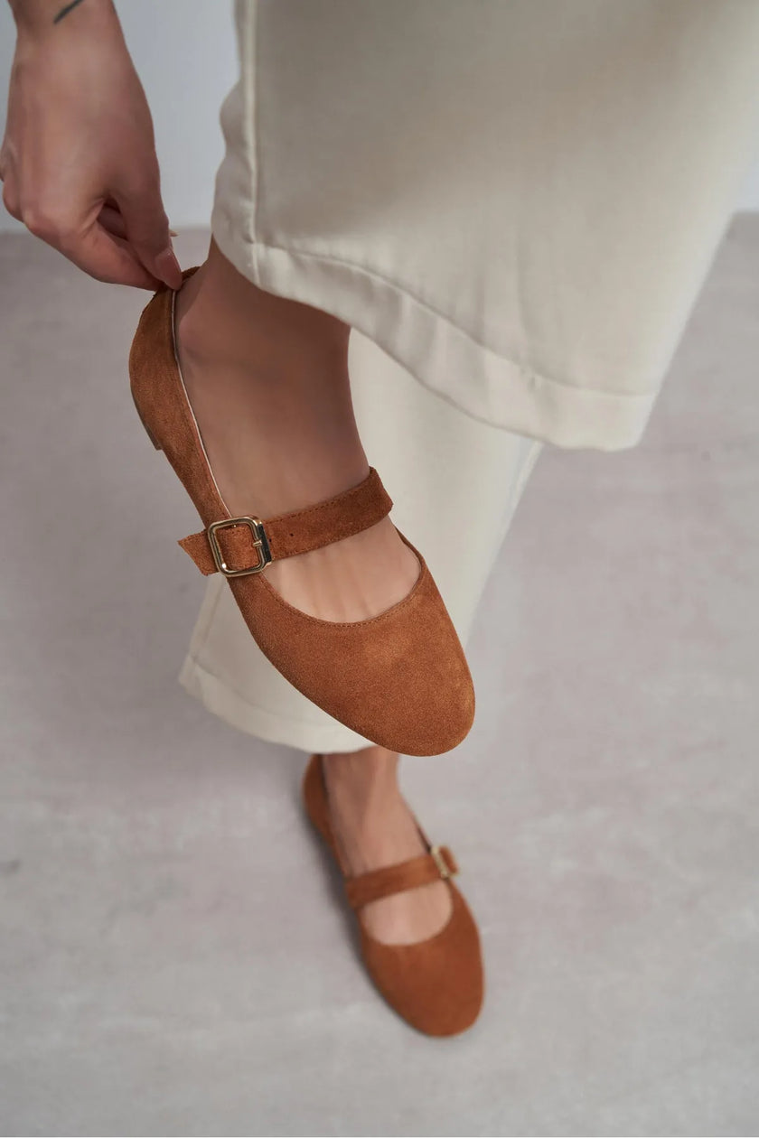 BERLIN Tan Suede Genuine Leather Buckle Strap Women’s Ballerina Flats