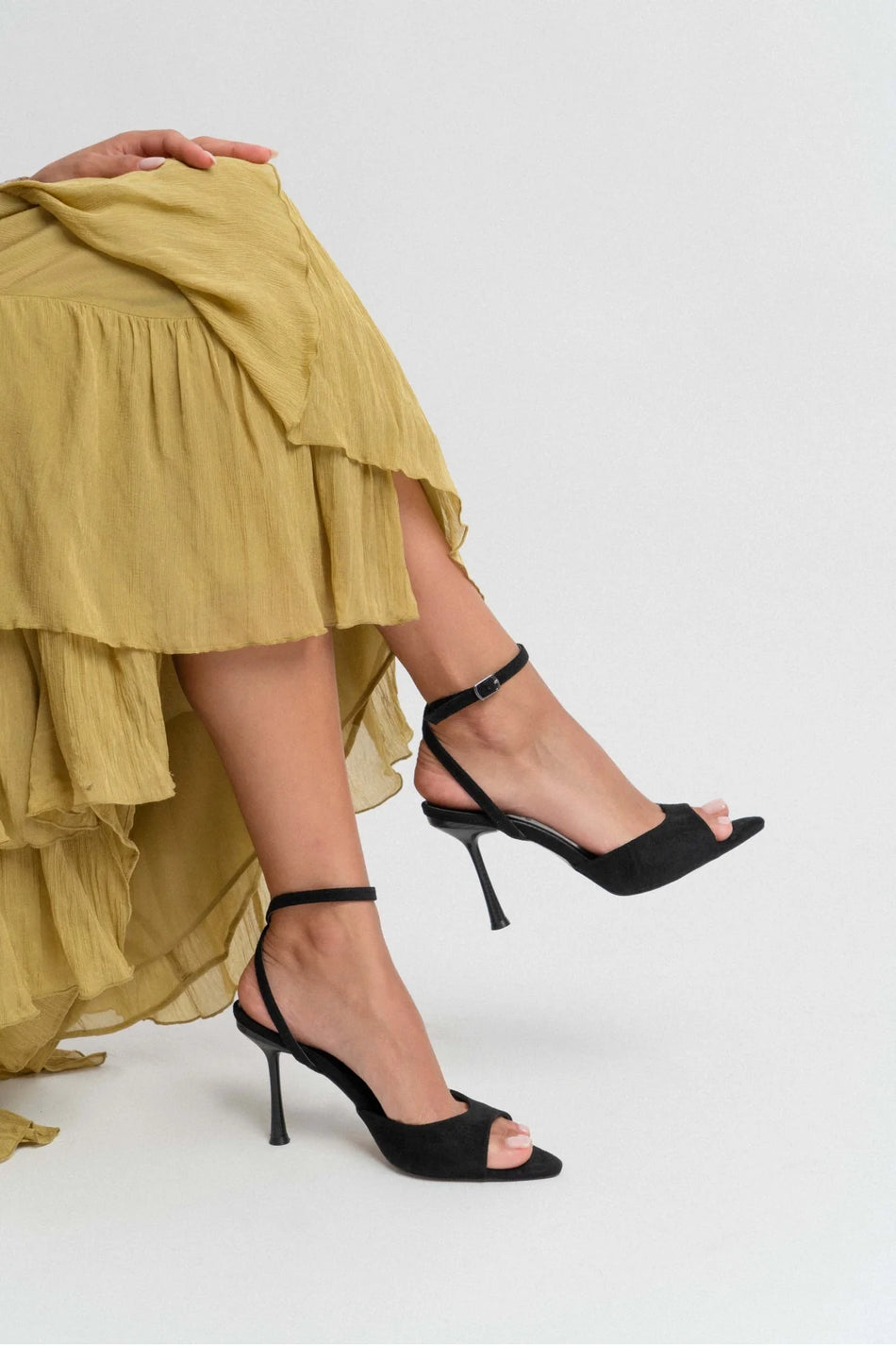 TANIA BLACK SUEDE ANKLE BELT DETAIL WOMEN'S SLEEVE HEEL SHOES