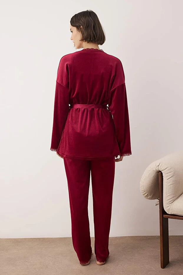 Burgundy 3-Piece Dowry Set - Lace Detailed Velvet Knitted Robe and Pajama Set