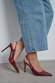 LADONIA Burgundy Patent Buckle Detail Open Back Women’s Heels