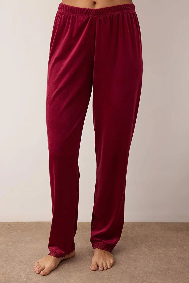 Burgundy 3-Piece Dowry Set - Lace Detailed Velvet Knitted Robe and Pajama Set