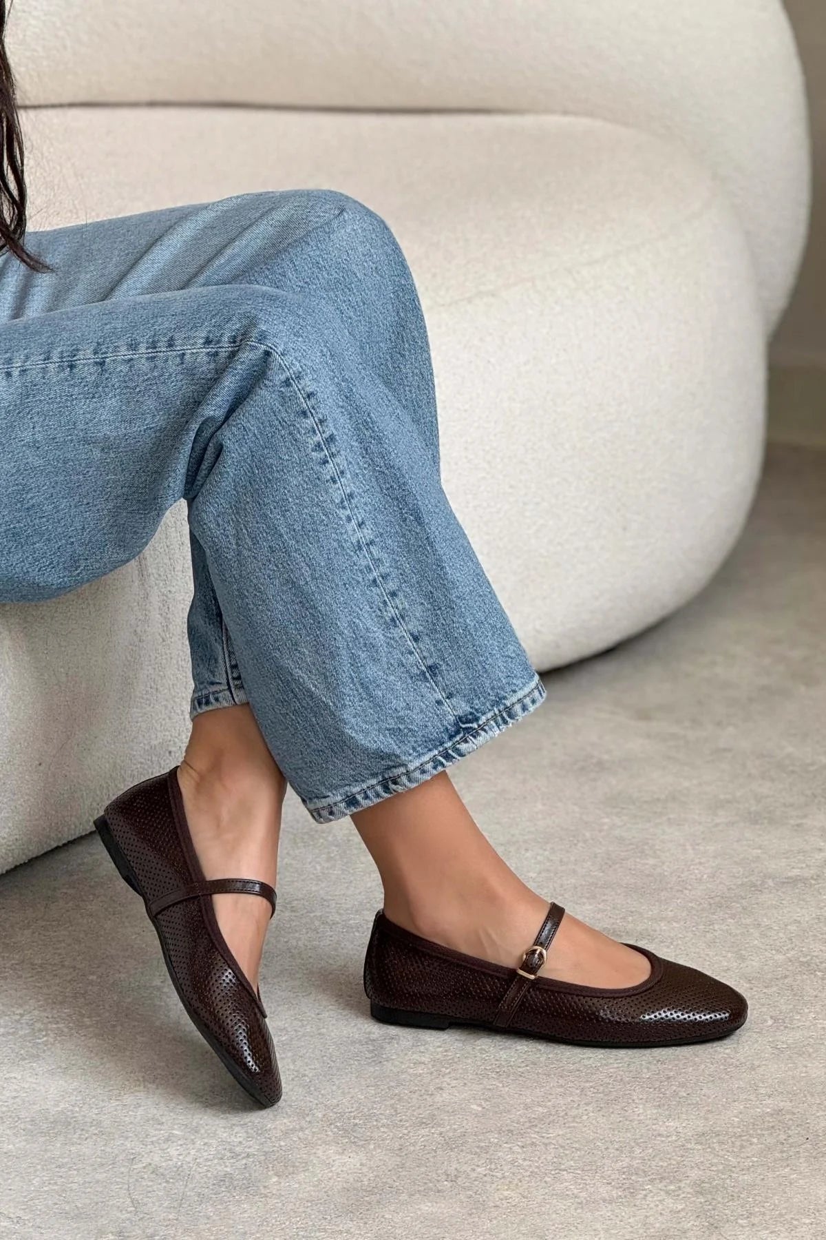 Giallo Brown Wrinkled Matte Belt Detail Studded Flat Sole Women's Ballerinas