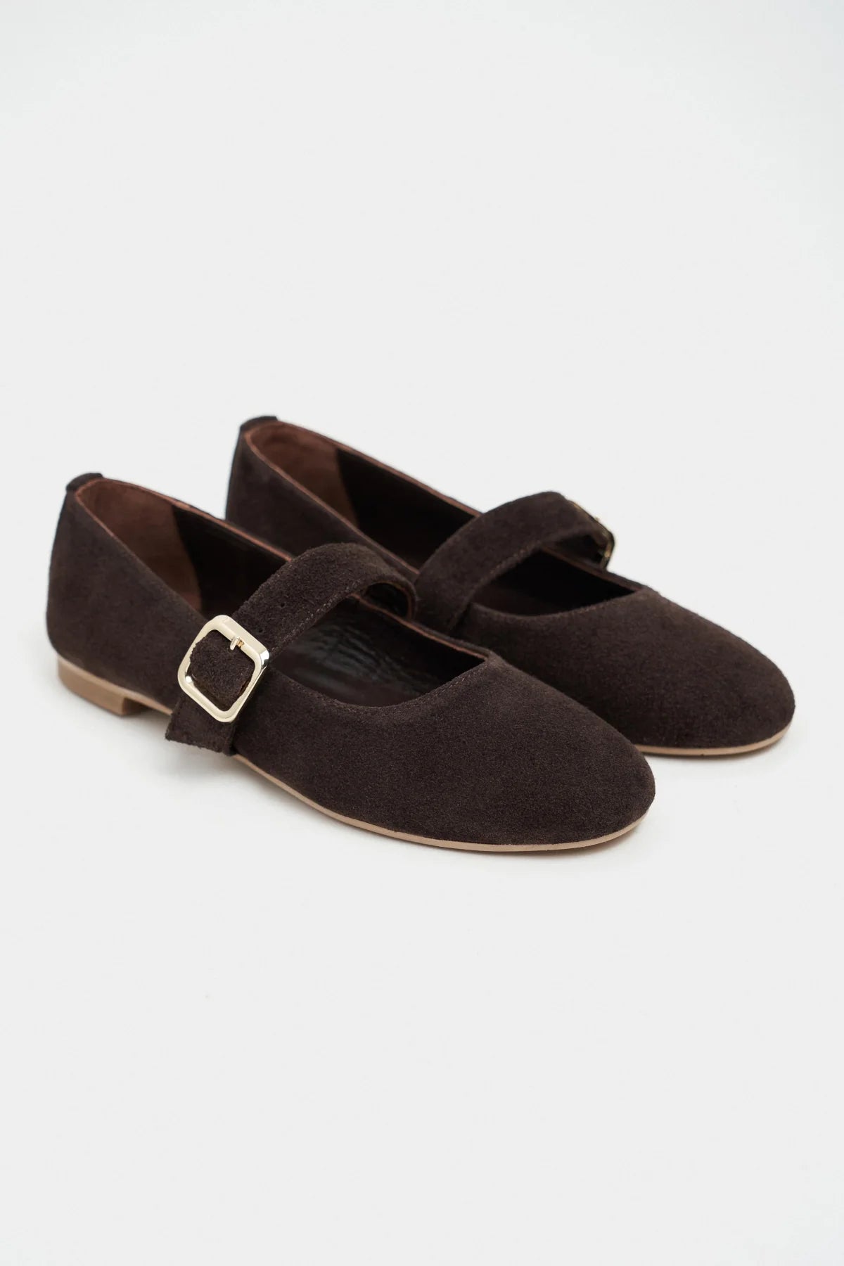 BERLIN Coffee Suede Genuine Leather Buckle Strap Women’s Ballerina Flats