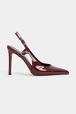 LADONIA Burgundy Patent Buckle Detail Open Back Women’s Heels