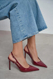 LADONIA Burgundy Patent Buckle Detail Open Back Women’s Heels