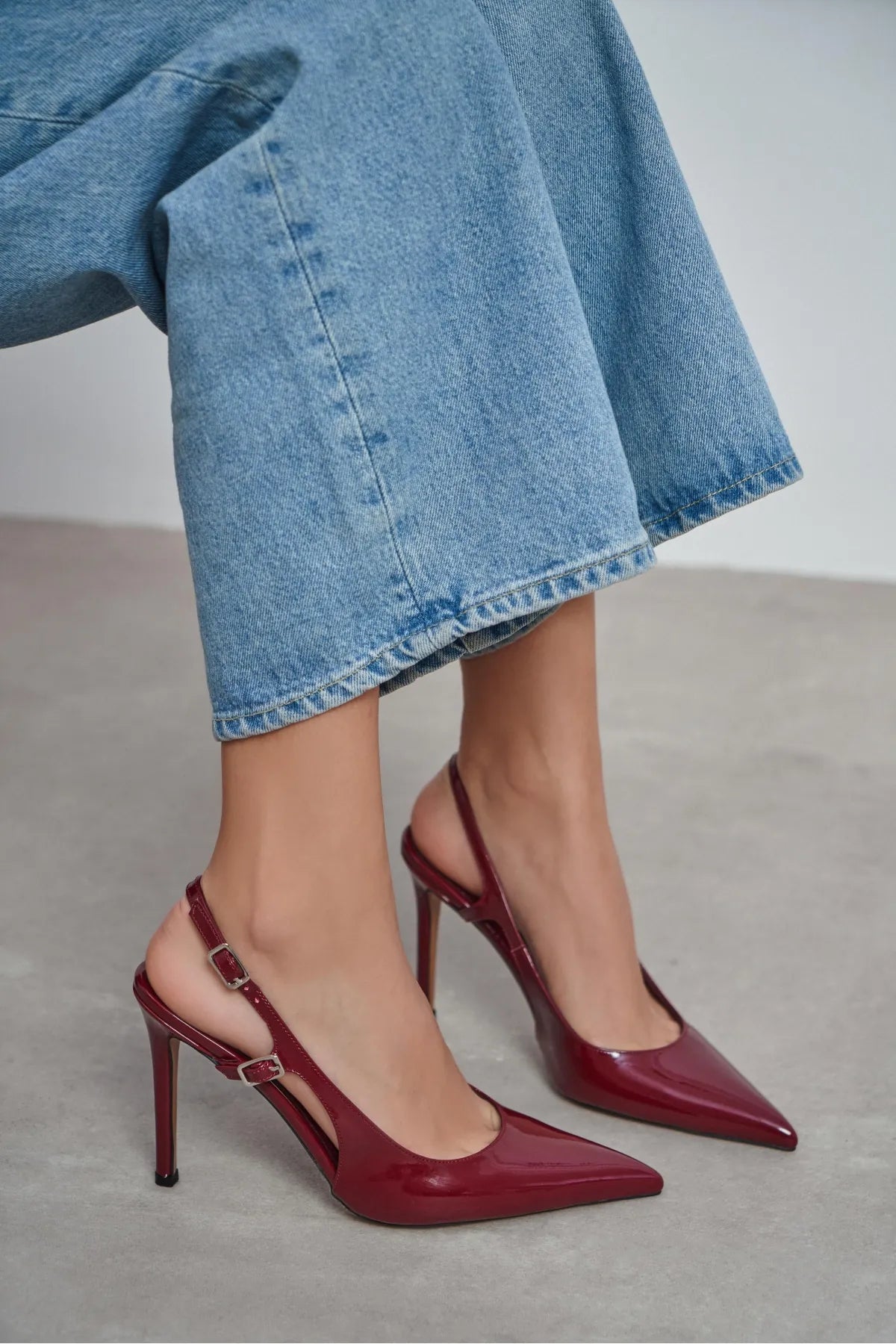 LADONIA Burgundy Patent Buckle Detail Open Back Women’s Heels