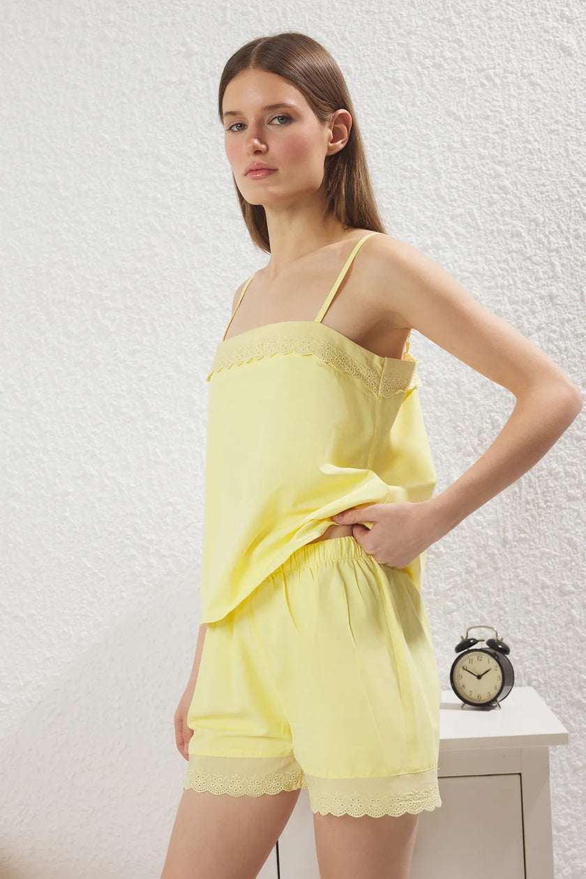 Yellow Cotton Embroidered Rope Suspender Poplin Shorts Woven Pajama Set