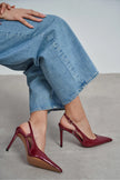 LADONIA Burgundy Patent Buckle Detail Open Back Women’s Heels
